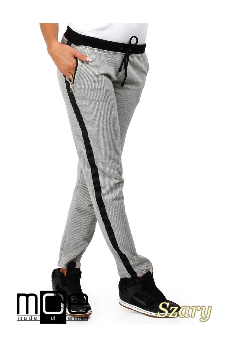 CM0359 Spodnie damskie z lampasem i zameczkami - szare