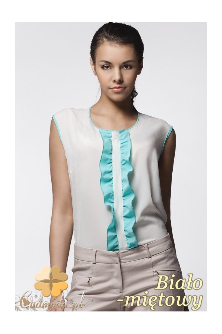 CM0638 AWAMA A24 Kobieca bluzeczka z podwójną falbanką bez rękawów - biało - miętowa