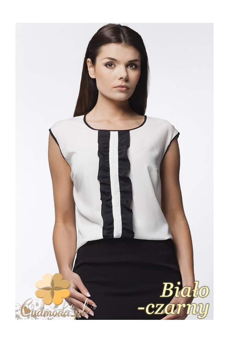 CM0638 AWAMA A24 Kobieca bluzeczka z podwójną falbanką bez rękawów - biało - czarna