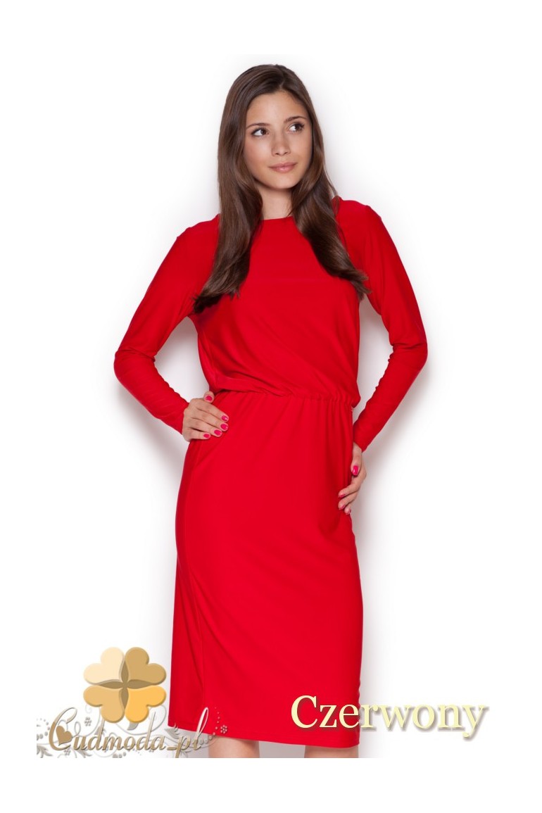 CM1045 Elegancka sukienka midi z długim rękawem - czerwona