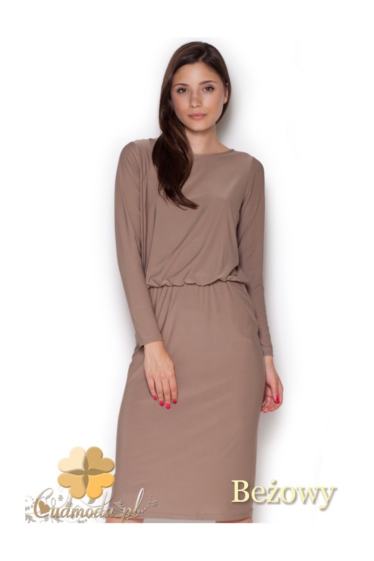 CM1045 Elegancka sukienka midi z długim rękawem - beżowa