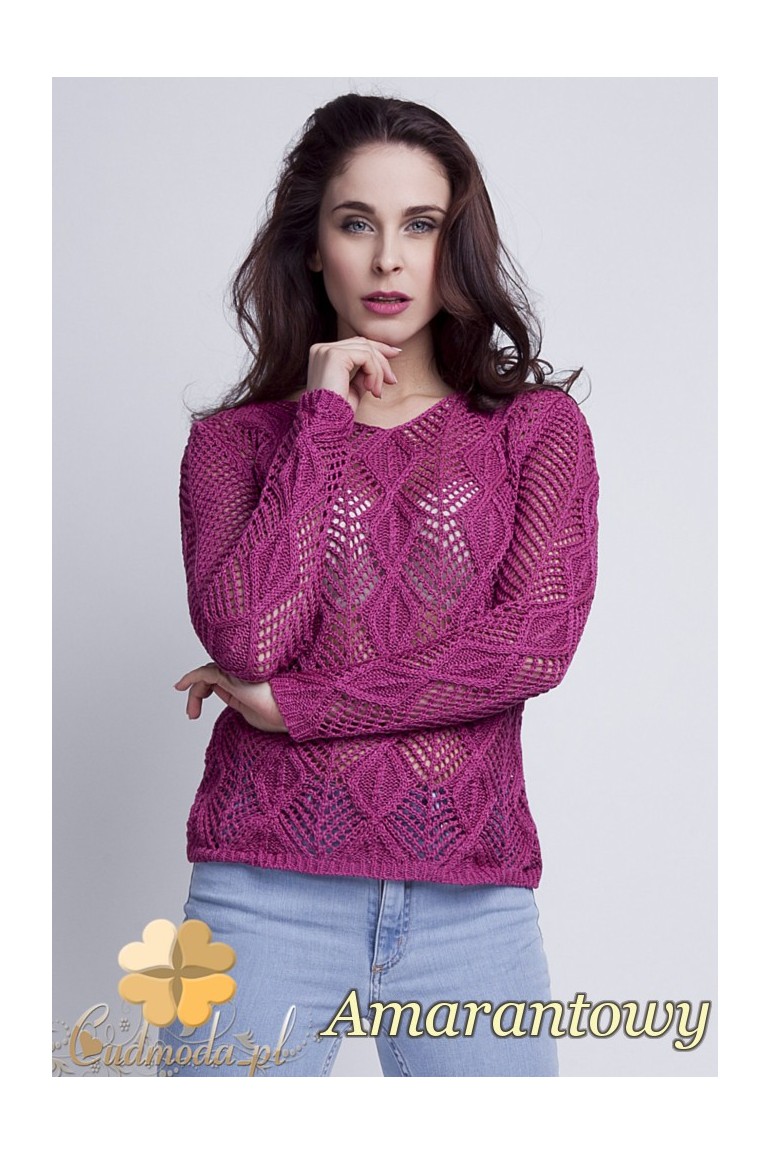 WYCOFANY Damski sweter geometryczny z długim rękawem - amarantowy