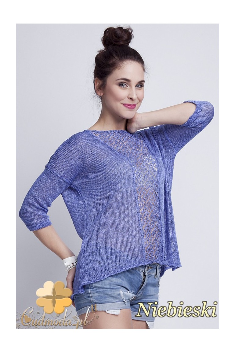 WYCOFANY Asymetryczny damski sweter z rękawem 1/2 - niebieski