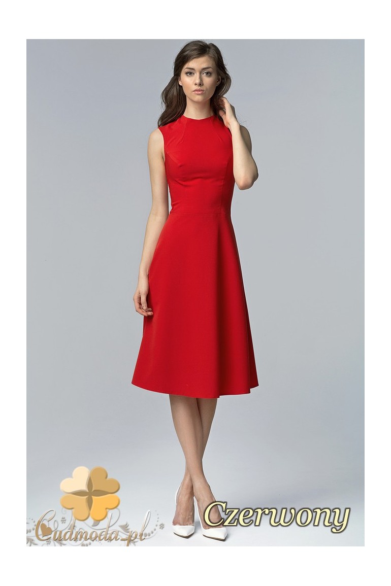CM1527 Biurowa sukienka midi bez rękawów - czerwona