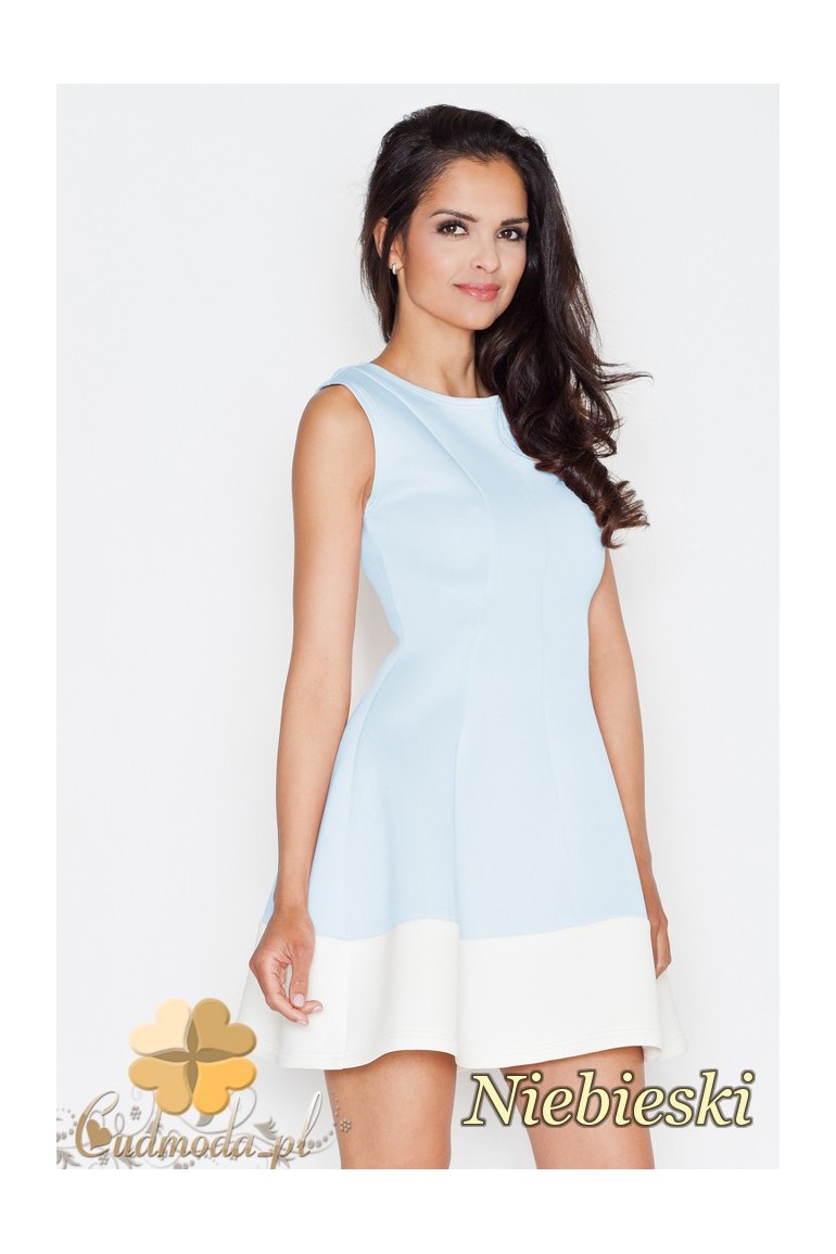 CM1689 Rozkloszowana sukienka z pasem w kontrastowym kolorze - niebieska