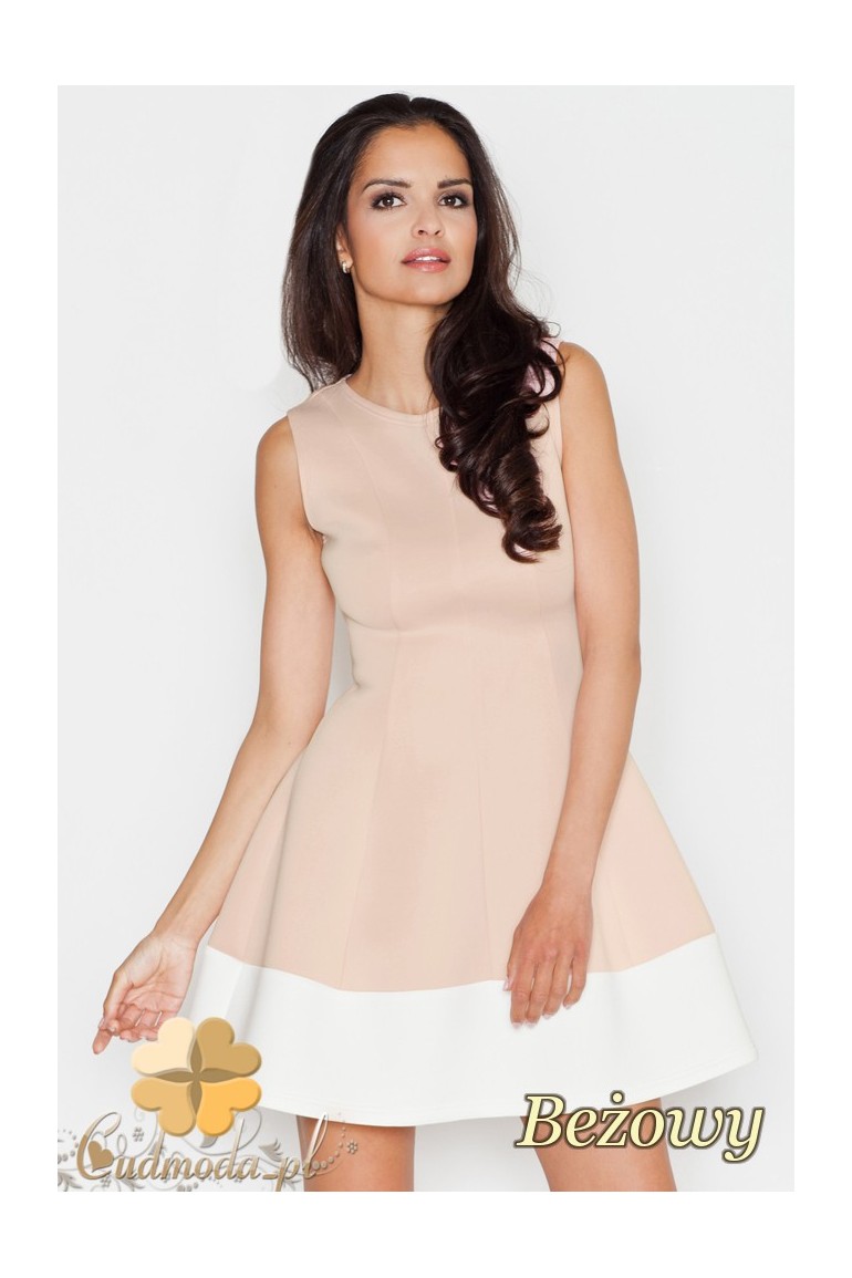 CM1689 Rozkloszowana sukienka z pasem w kontrastowym kolorze - beżowa