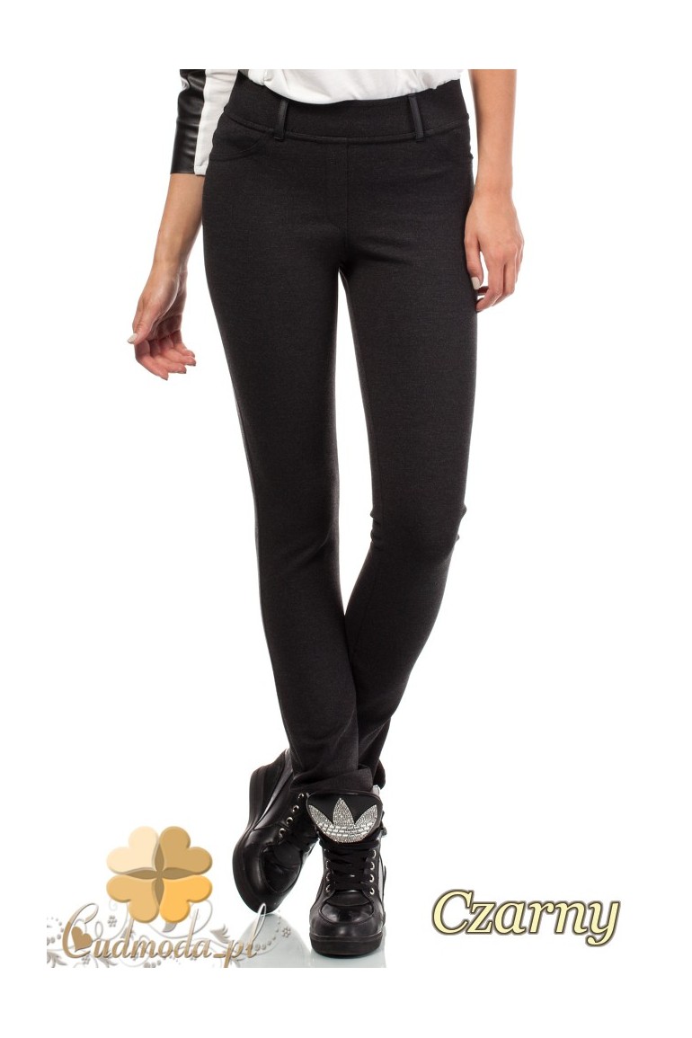 CM1005 Legginsy spodnie damskie ze skórzanymi szlufkami i wstawkami na kieszeniach - czarne