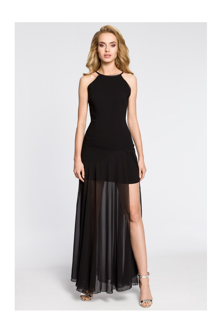 CM2047 Wieczorowa sukienka maxi z tiulowym dołem - czarna