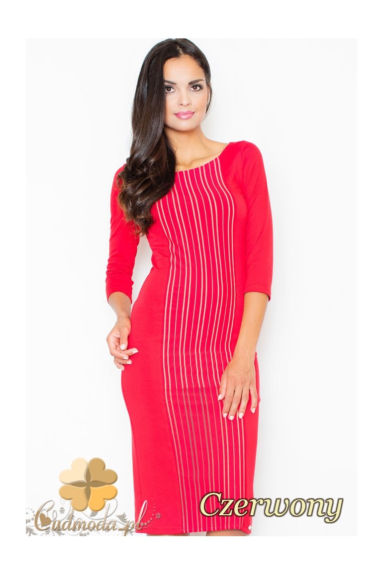 CM2099 Wieczorowa sukienka z wzorem na przodzie - czerwona
