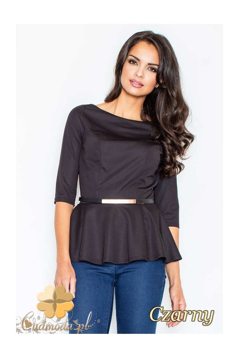 CM2110 Kobieca bluzka baskinka z ozdobnym paskiem - czarna