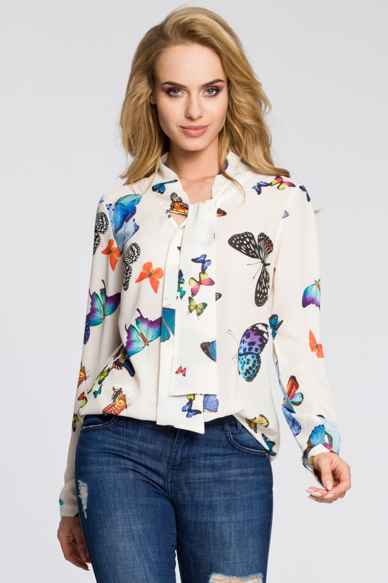 CM2225 Bluzka koszulowa z plisą w motyle - ecru