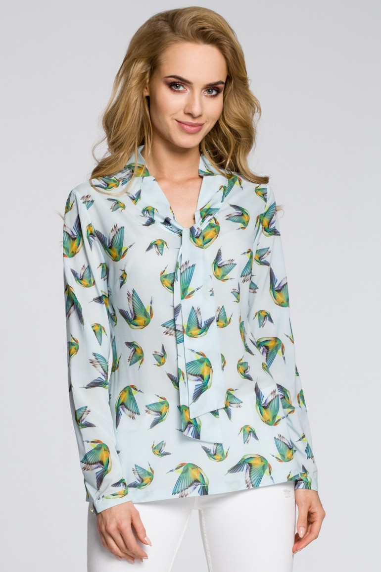 CM2226 Kobieca bluzka koszulowa z kolibrami - błękitna
