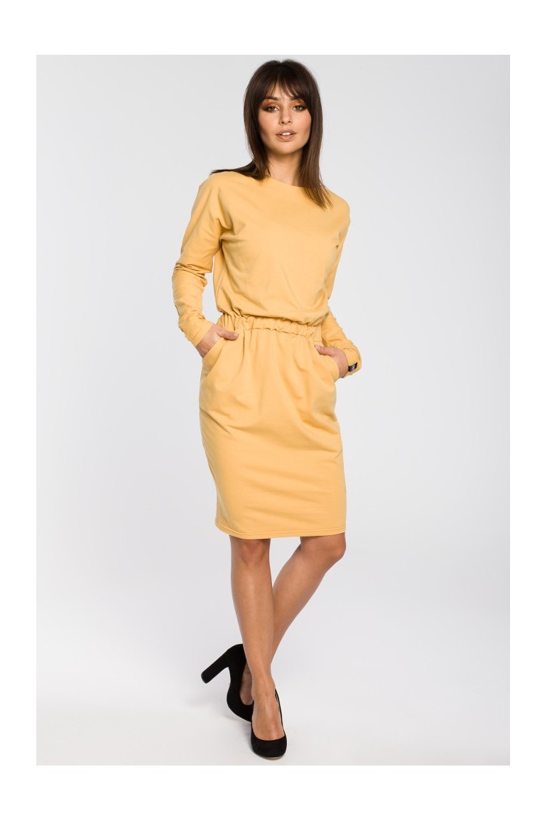 CM3443 Sukienka z gumą w pasie i długimi rękawami - żółta
