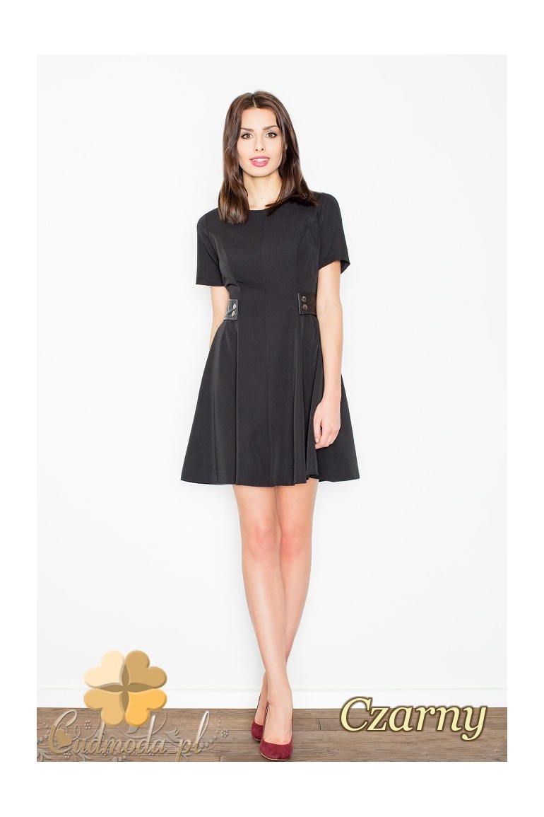 CM2355 Rozkloszowana sukienka mini z ozdobnymi wstawkami - czarna