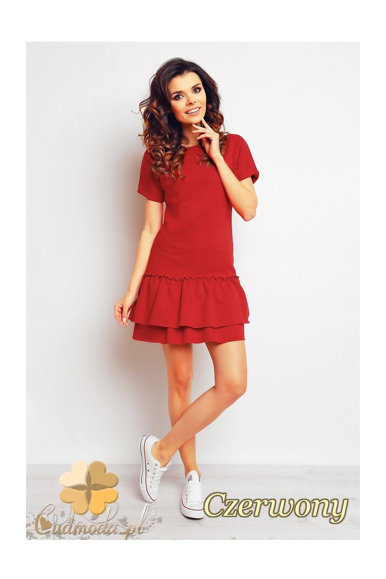 CM2390 Sportowa sukienka mini z falbankami - czerwona