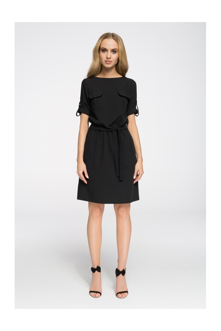 CM2678 Odcinana sukienka mini z kieszeniami - czarna