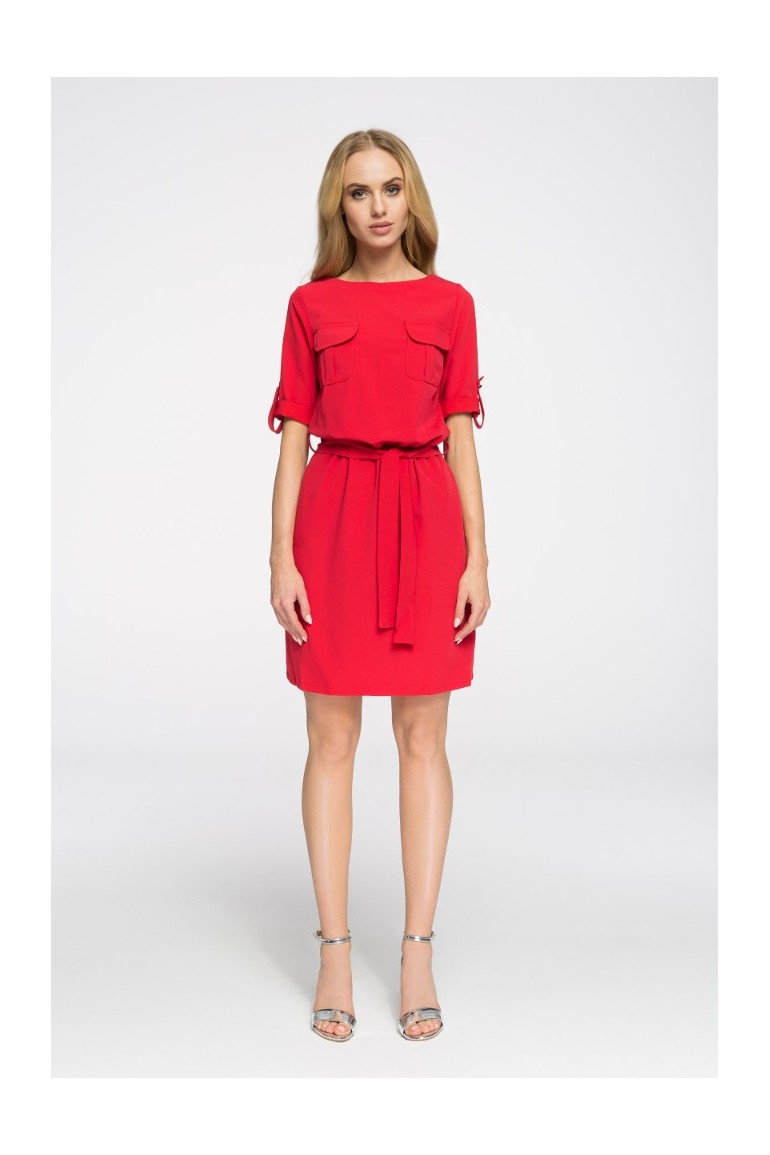 CM2678 Odcinana sukienka mini z kieszeniami - czerwona