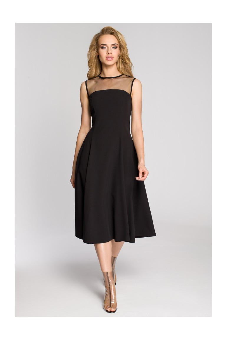 CM2621 Rozkloszowana sukienka wieczorowa z tiulową górą - czarna