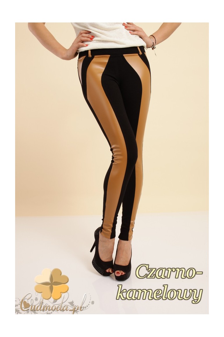 CM0237 Włoskie dwukolorowe legginsy ze skórzaną wstawką - czarno-kamelowe