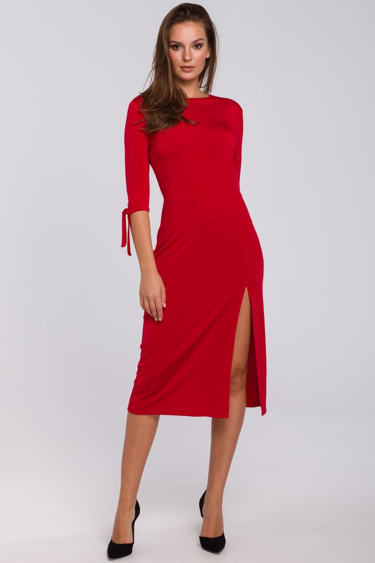 CM4946 Sukienka z wiązaniami przy rękawach - czerwona