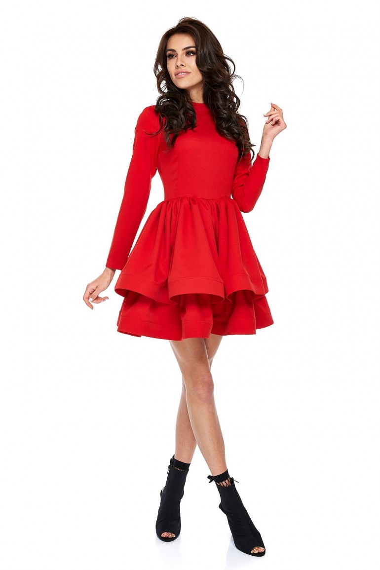 CM3513 Rozkloszowana sukienka z podwójnym dołem - czerwona