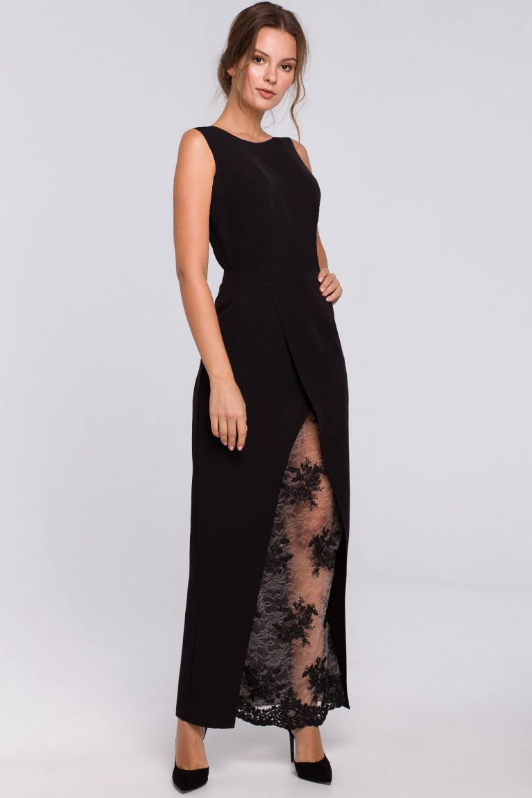 CM4951 Długa sukienka wieczorowa z koronkowym dołem - czarna