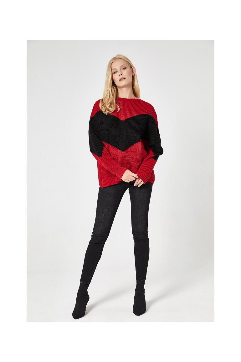 CM4741 Miękki dwukolorowy sweter - czerwono-czarny
