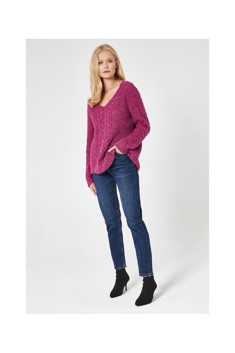 CM4744 Delikatny sweter z warkoczem - purpurowy