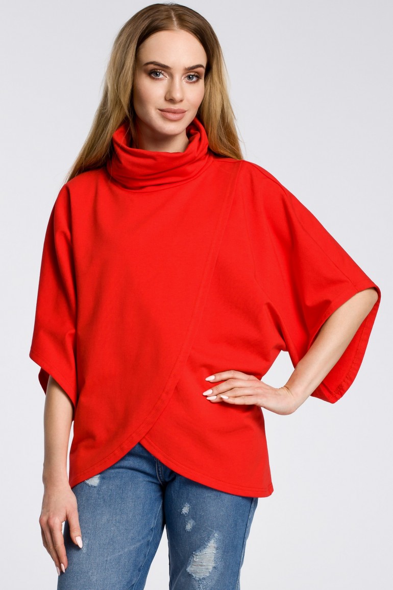 CM3600 Bluza na zakładkę z szerokimi rękawami - czerwona