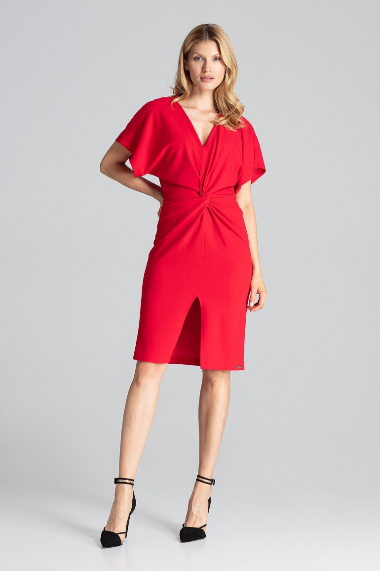 CM5033 Sukienka midi z kopertowym dekoltem - czerwona
