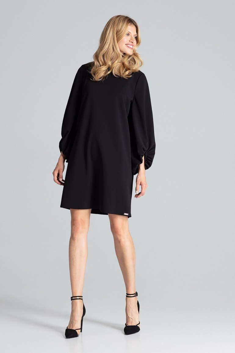 CM5039 Trapezowa sukienka midi z bufiastymi rękawami - czarna
