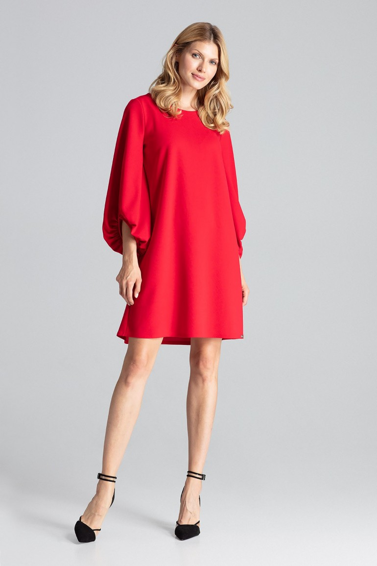 CM5039 Trapezowa sukienka midi z bufiastymi rękawami - czerwona