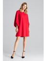 Trapezowa sukienka midi z bufiastymi rękawami - czerwona
