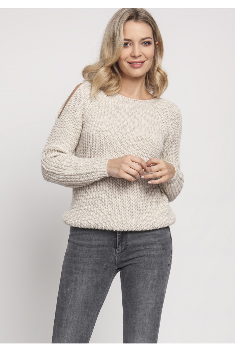 CM5122 Raglanowy sweter z wycięciami na rękawach - beżowy