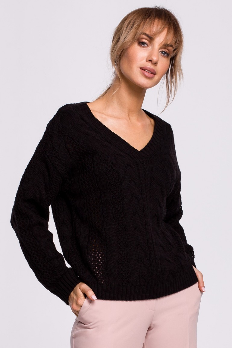 CM5217 Ażurowy sweter z dekoltem w serek - czarny