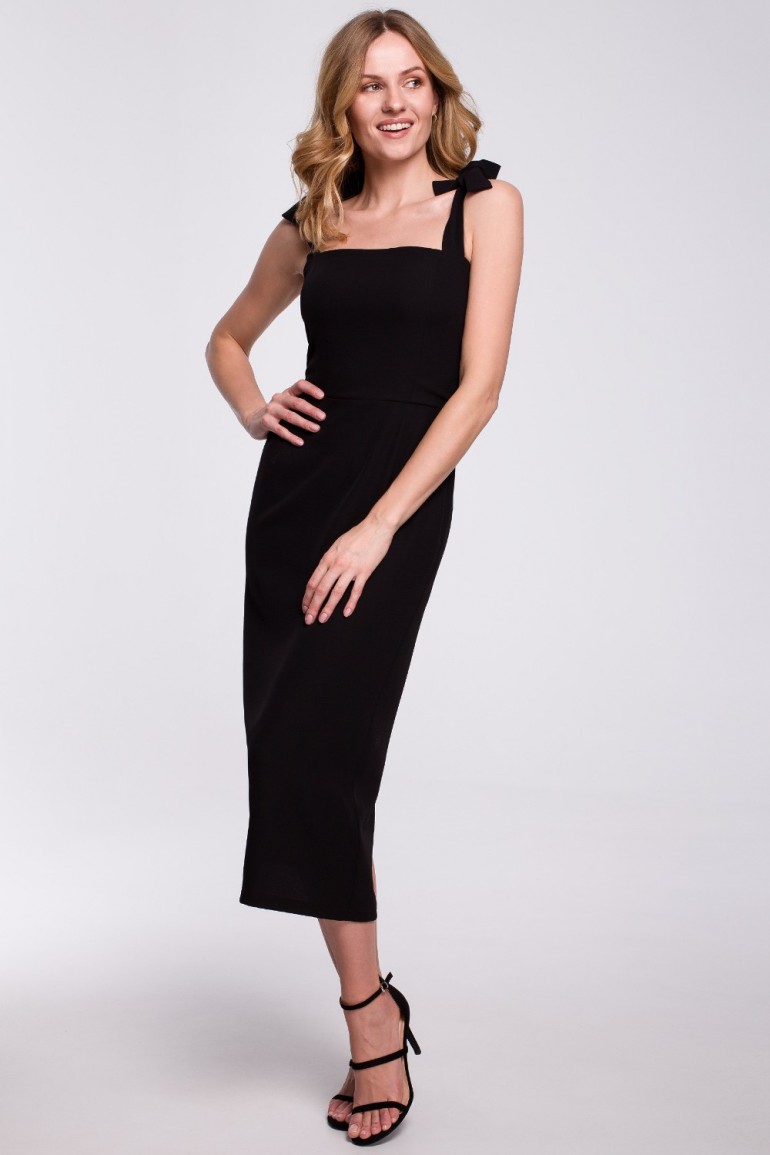 CM5236 Sukienka midi z wiązanymi ramiączkami - czarna