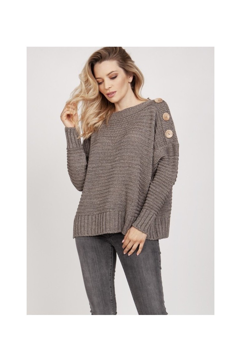 CM5317 Żebrowany sweter z drewnianymi guzikami - tabakowy