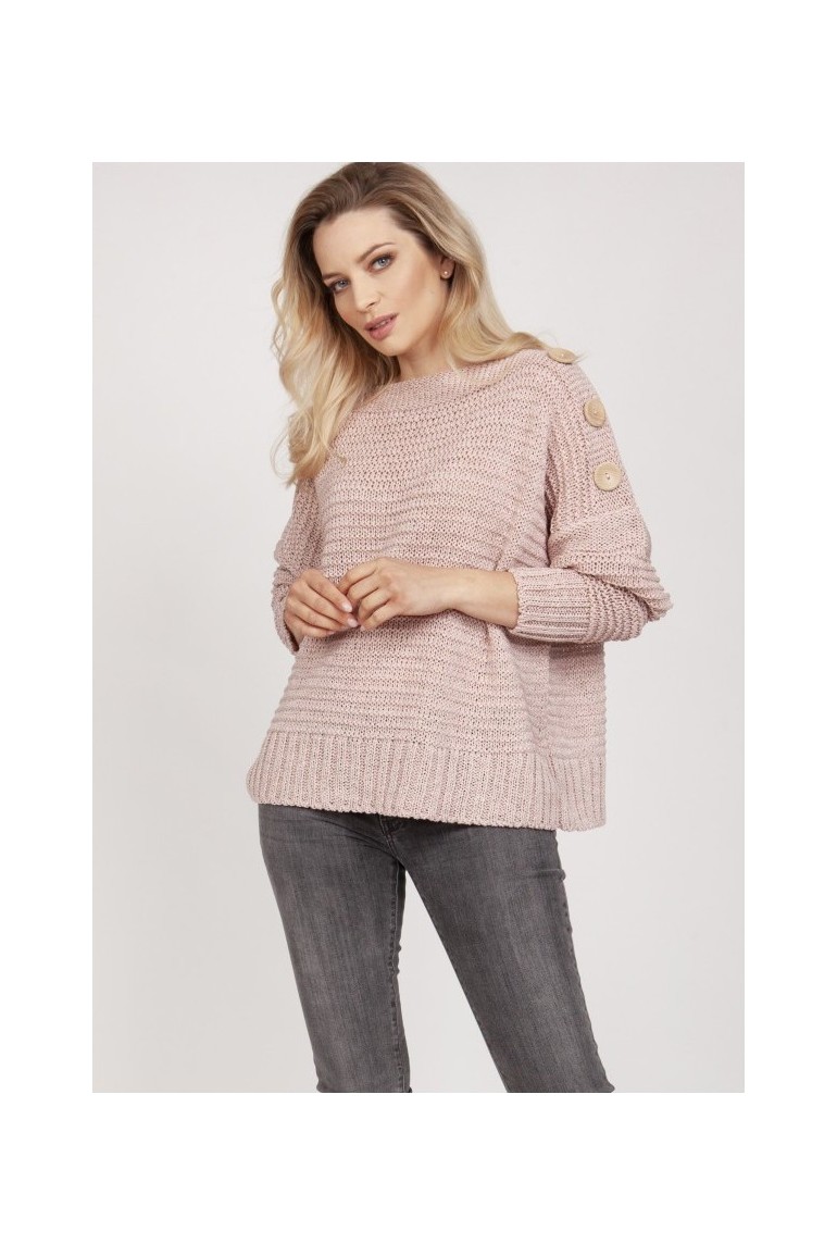 CM5317 Żebrowany sweter z drewnianymi guzikami - pastelowy róż