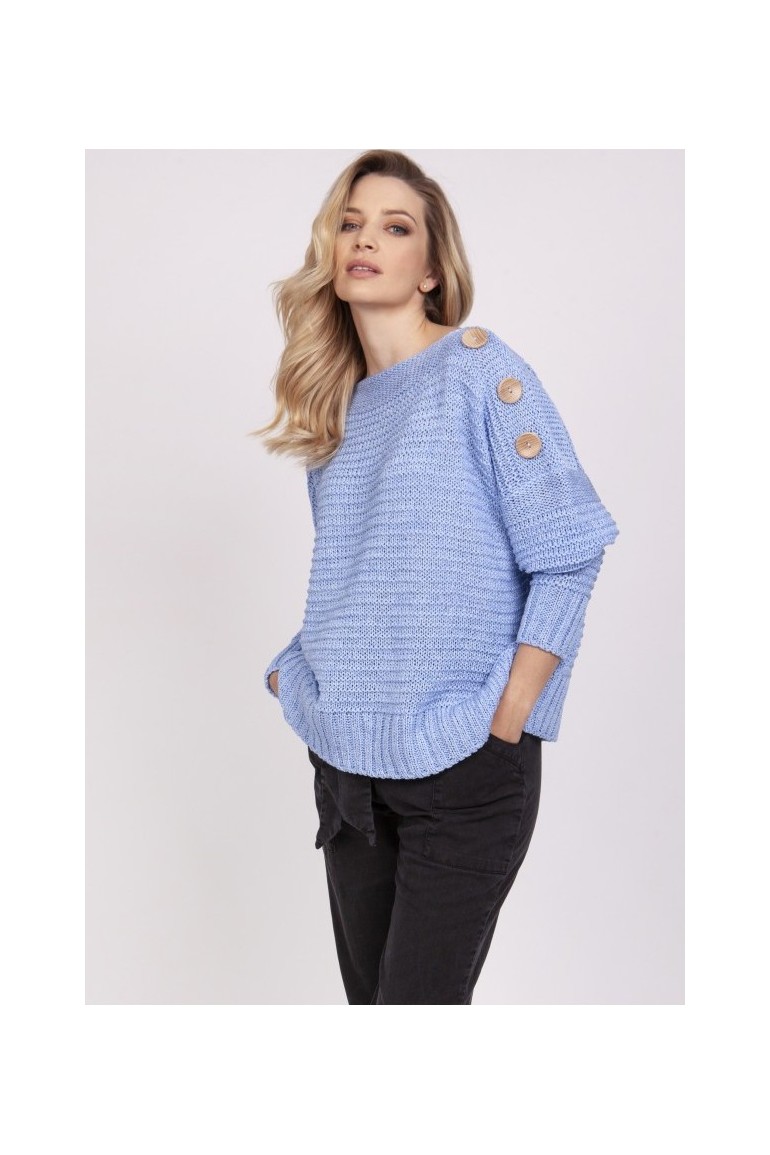 CM5317 Żebrowany sweter z drewnianymi guzikami - błękitny