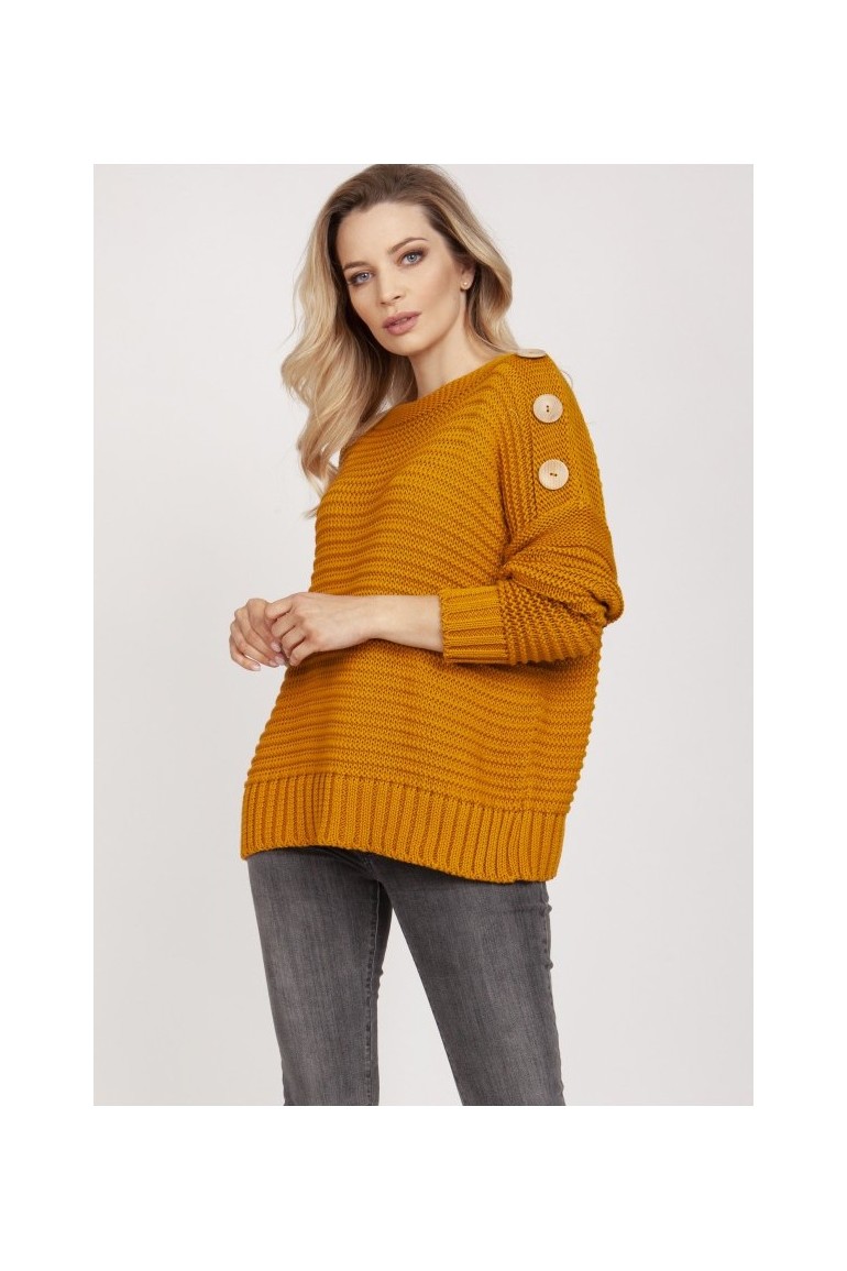 CM5320 Luźny sweter zdobiony drewnianymi guzikami - szafranowy