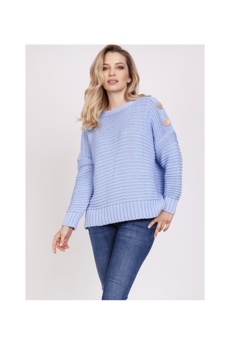 CM5320 Luźny sweter zdobiony drewnianymi guzikami - błękitny