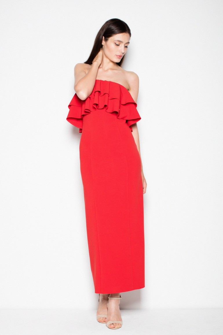 CM2993 Elegancka sukienka maxi z falbankami - czerwona