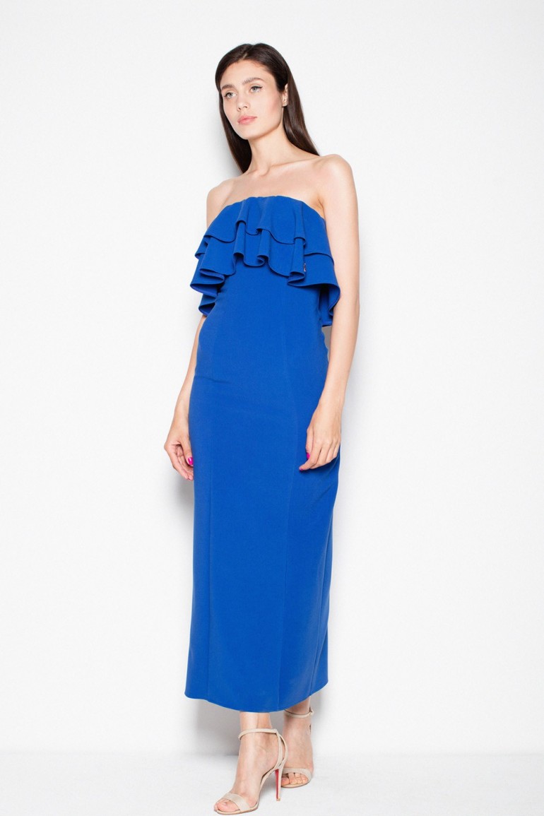 CM2993 Elegancka sukienka maxi z falbankami - niebieska