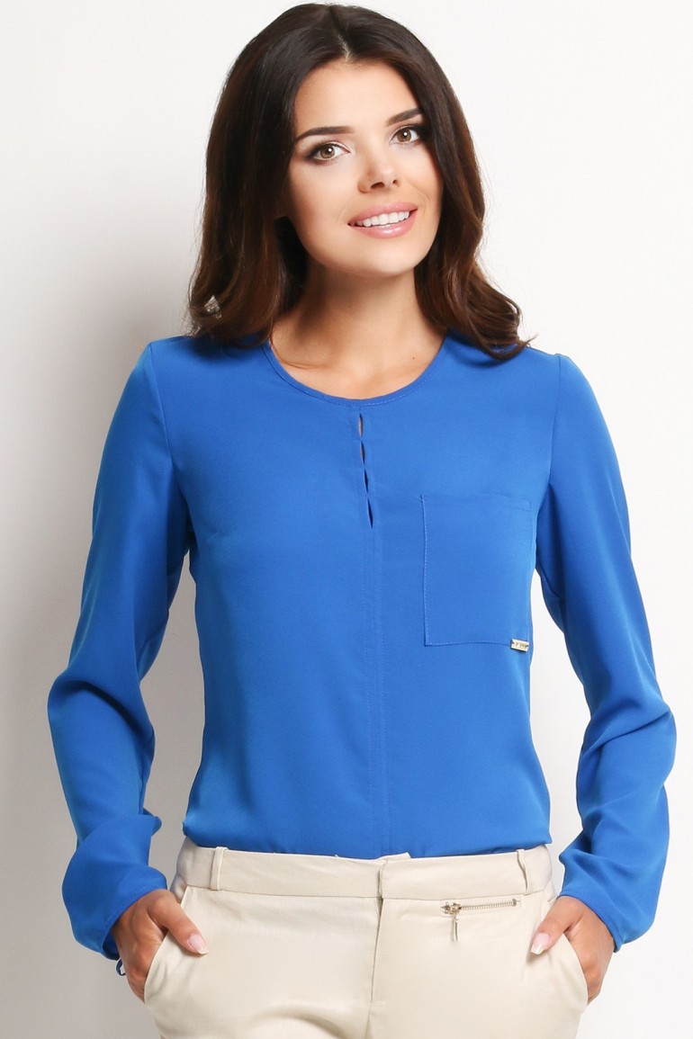 CM2008 Bluzka koszulowa z kieszonką na przodzie - niebieska