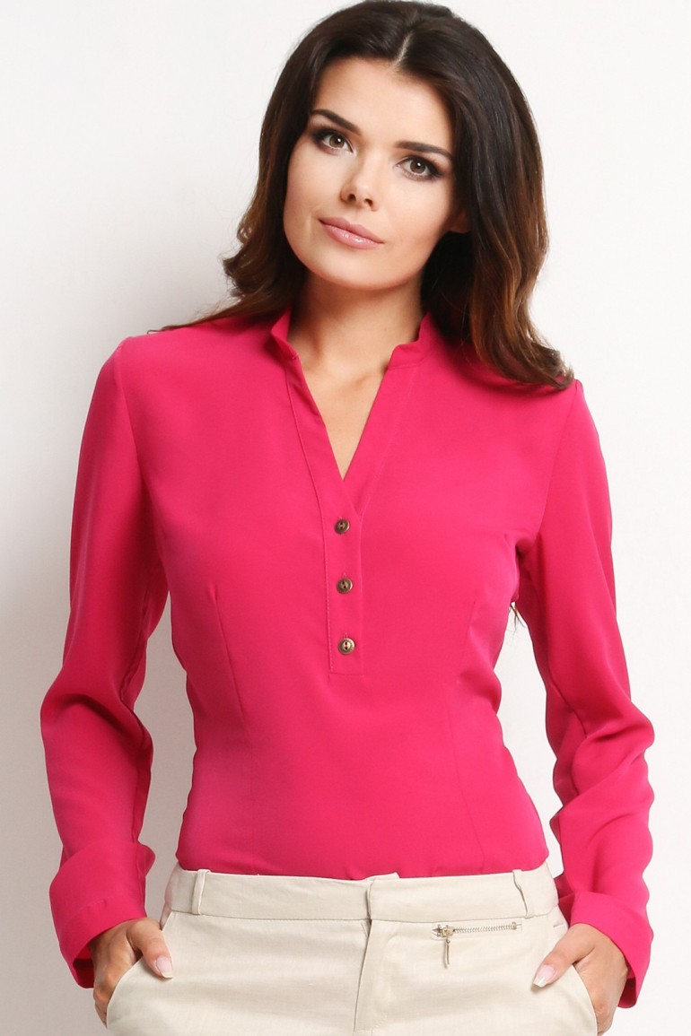 CM2010 Biurowa bluzka koszulowa zapinana na guziki - różowa