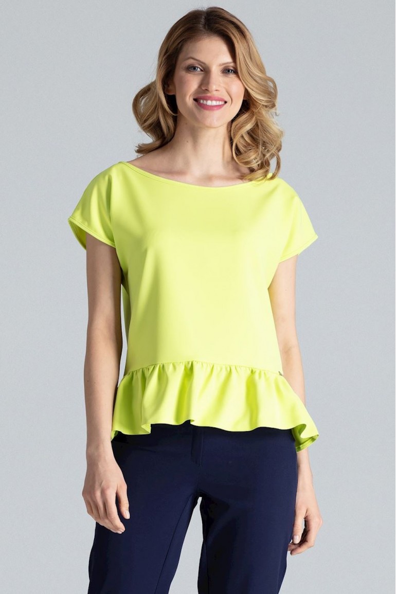 CM1731 Kobieca bluzka z krótkim rękawem i falbanką - limonkowa