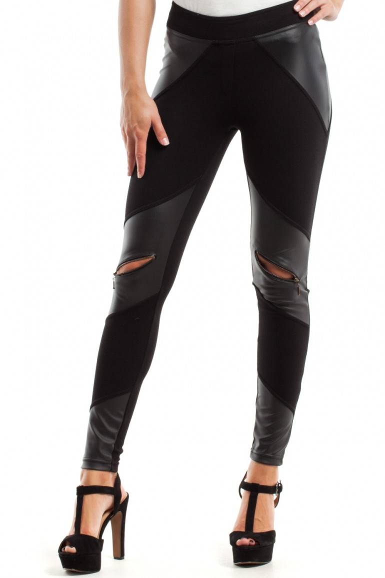 CM2444 Elastyczne legginsy ze skórzanymi wstawkami i zamkami - czarne