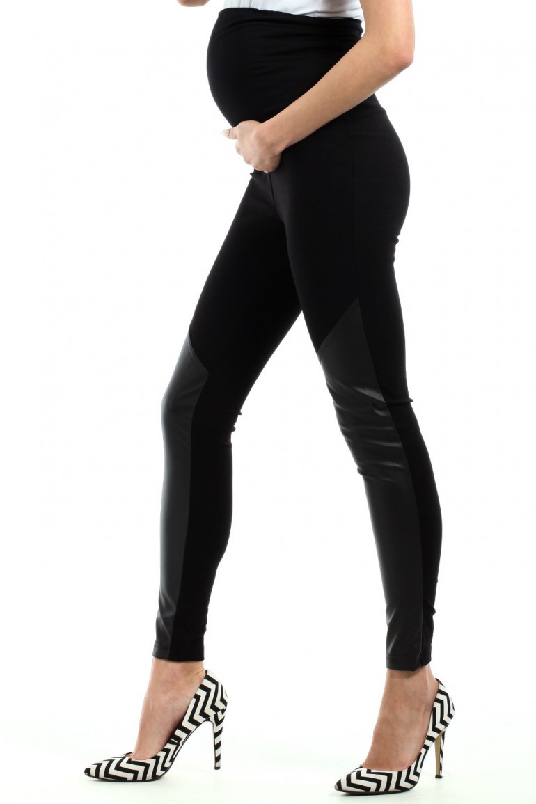 CM2236 Nowoczesne legginsy ciążowe ze skórzanymi wstawkami - czarne