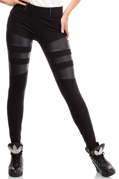 CM1817 Elastyczne legginsy ze skórzanymi wstawkami - czarne