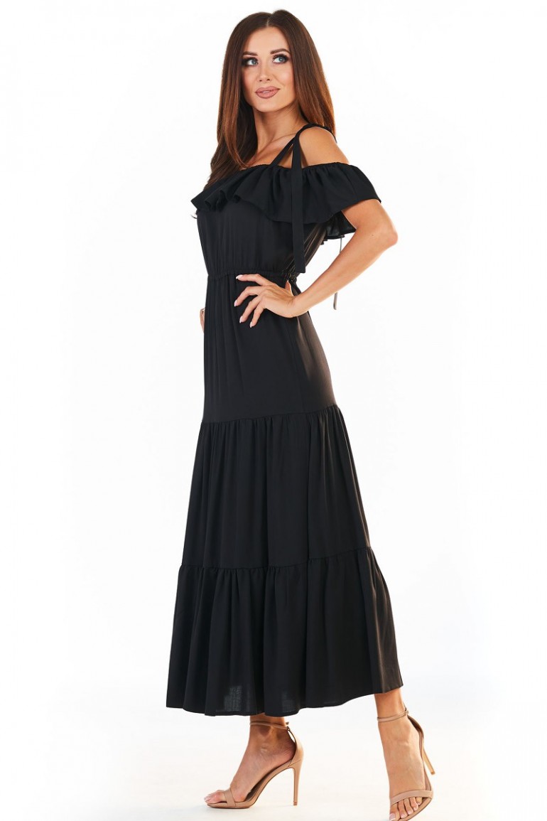 CM5389 Trapezowa sukienka maxi na ramiączkach - czarna